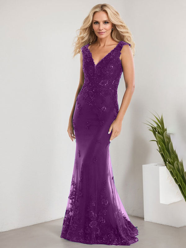 A-Linien V-Ausschnitt bodenlanges Spitzen-Chiffon Kleid für die Brautmutter mit Applikationen und Pailletten Meerjungfrauenkleid