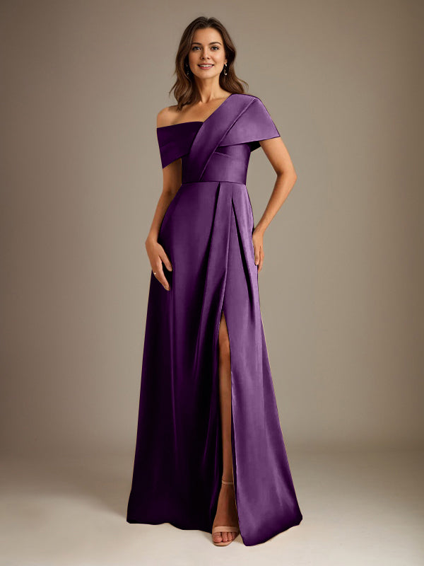 A-Linien asymmetrischer Ausschnitt bodenlanges Satin-Brautkleid für die Brautmutter mit Falten