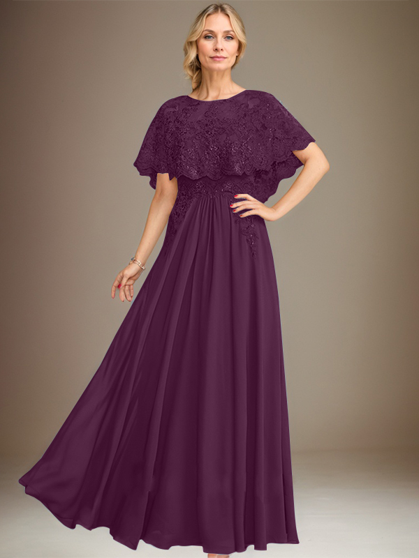 A-Linien Spitzen-Chiffon-Mutter-der-Braut-Kleid mit Bootsausschnitt, bodenlang und Applikations-Pailletten