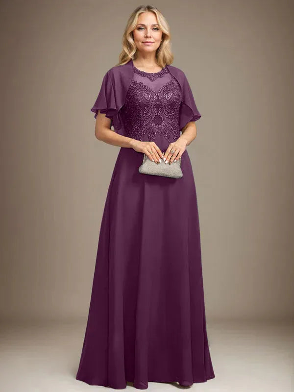 Vestido de madre de la novia de encaje y gasa con ilusión, escote redondo en línea A, largo hasta el suelo con lentejuelas