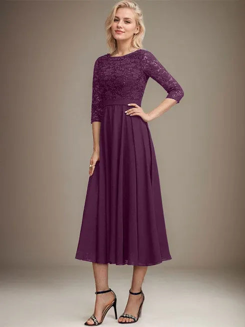 A-Linien Spitzen-Chiffon-Brautmutterkleid mit V-Ausschnitt, tea-length, mit Pailletten
