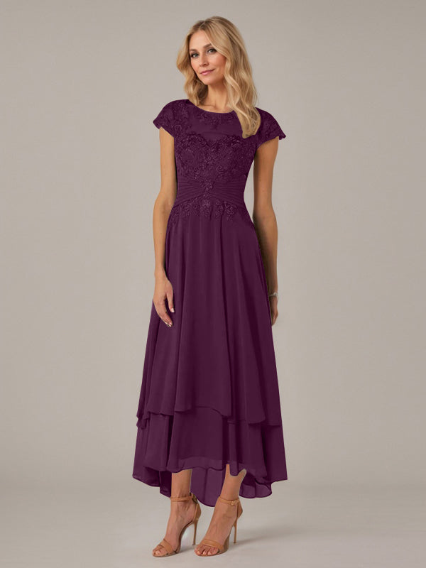 A-Linien Boot-Ausschnitt Illusions asymmetrisches Chiffon-Spitzen Mutterkleid der Braut mit Applikationsfalten