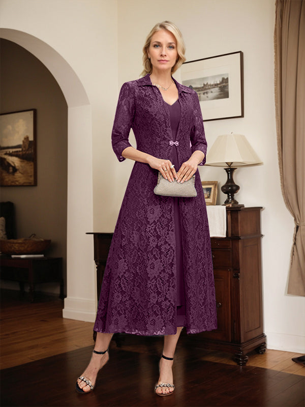 Robe mère de la mariée en mousseline longueur thé à encolure en V et coupe trapèze