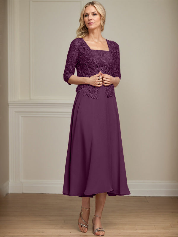 Robe de mère de la mariée en mousseline et dentelle ligne A longueur thé avec perles et sequins