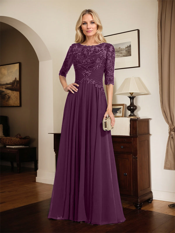 A-Linien Ausschnitt Illusions-Bodenlanges Chiffon-Spitzenkleid für die Mutter der Braut mit plissierten Pailletten