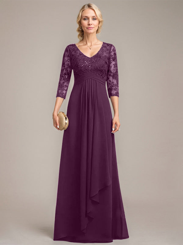 A-Linien V-Ausschnitt bodenlanges Spitzen-Chiffonkleid für die Mutter der Braut mit kaskadierenden Rüschen und Pailletten