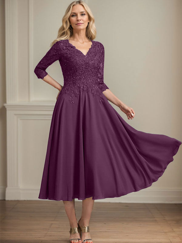 Robe de mère de la mariée en mousseline longueur thé, ligne A, col en V, en dentelle avec perles et sequins