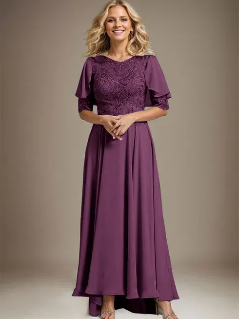 A-Linien Kleid mit Scoop-Ausschnitt, Illusion, asymmetrischem Chiffon und Spitzen, Mutter-der-Braut-Kleid mit Perlenbesatz