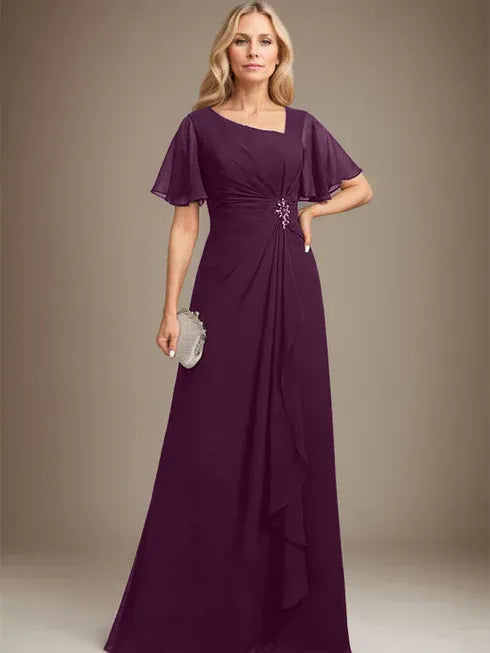 A-Linien asymmetrisches bodenlanges Chiffon Mutter-der-Braut-Kleid mit plissierten Perlen und Pailletten