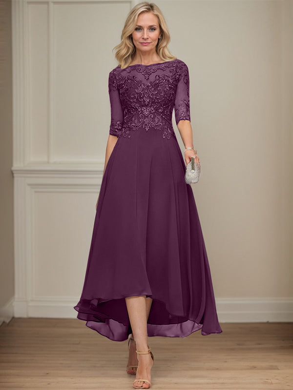 A-Linien Bootsausschnitt Illusionskleid mit asymmetrischem Chiffon-Spitzenstoff, Mutter-der-Braut-Kleid mit Paillettenperlen