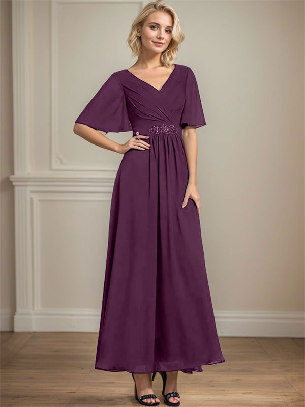 A-Linien V-Ausschnitt Knöchellanges Chiffon Kleid für die Brautmutter mit plissierten Perlen und Pailletten