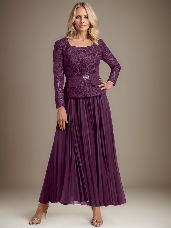 A-Linien-Kleid mit quadratischem Ausschnitt, knöchellang, Chiffon, Mutter der Braut, mit Falten