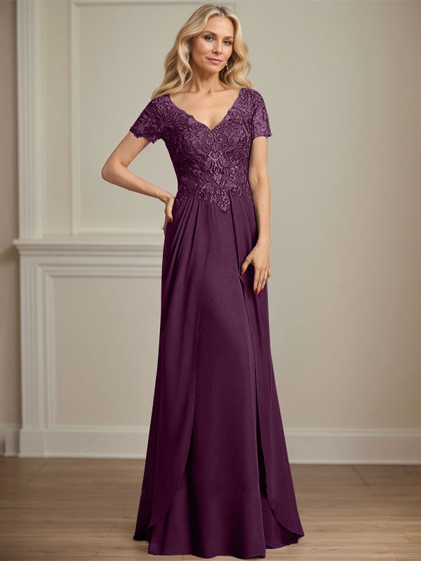 A-Linien Chiffon-Spitzen-Mutter-der-Braut-Kleid mit V-Ausschnitt, bodenlang