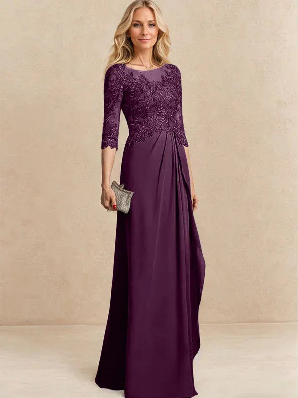 Vestido para la madre de la novia línea A con escote redondo ilusión, largo hasta el suelo, de gasa y encaje con cuentas, lentejuelas y volantes en cascada