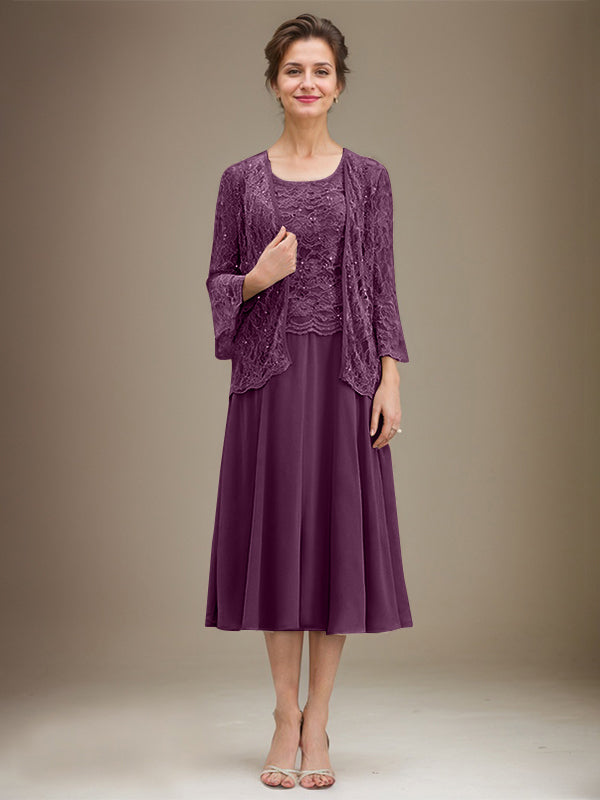 A-Linien Spitzen-Chiffon-Brautmutterkleid mit V-Ausschnitt, tea-length, mit Pailletten