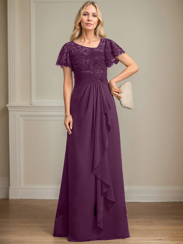 A-Linie asymmetrisches Illusions bodenlanges Spitzen-Chiffon Brautmutterkleid mit kaskadierenden Volants und Pailletten