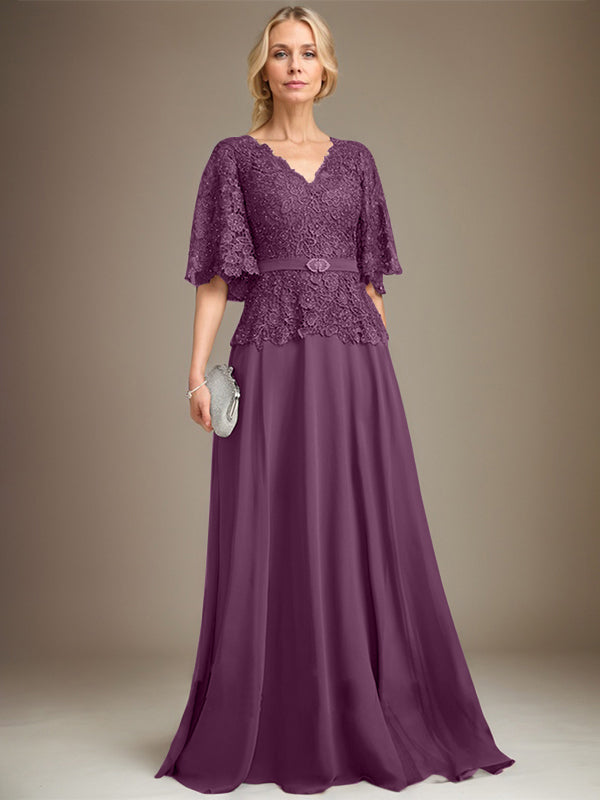 A-Linien V-Ausschnitt Bodenlanges Chiffon-Spitzen Mutter-der-Braut-Kleid mit Kristallbrosche und Strass