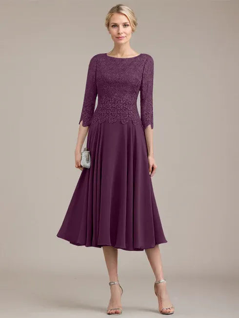 A-Linien Kleid mit Rundhalsausschnitt, tea-länge, Spitze und Chiffon, Mutter der Braut Kleid