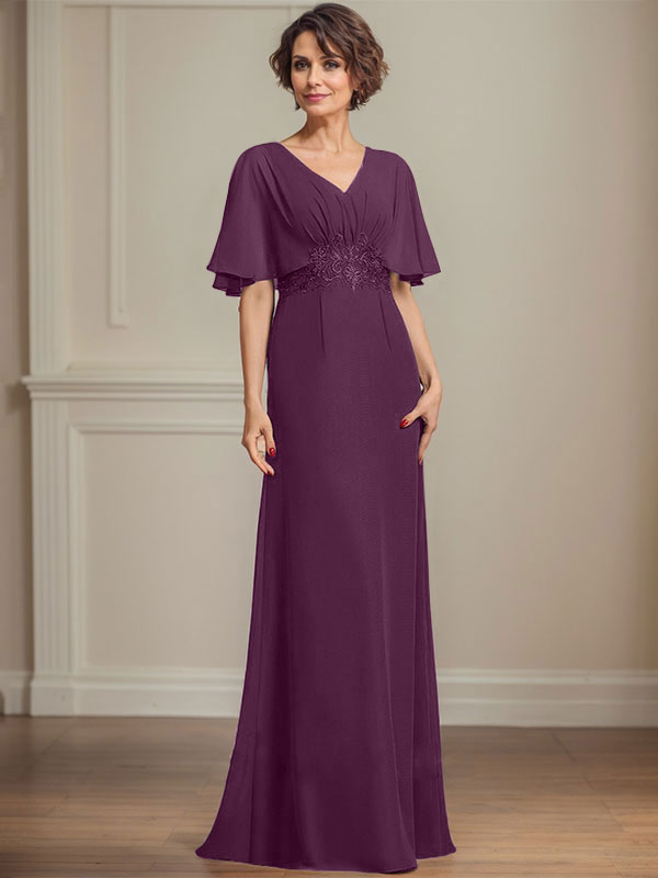A-Linien Chiffon Mutter-der-Braut-Kleid mit V-Ausschnitt, bodenlang, mit plissierten Pailletten-Applikationen und Spitze