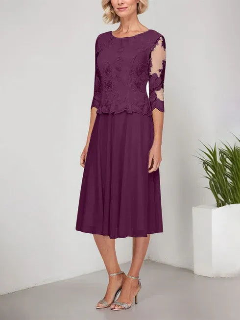 A-Linie Rundhals Tee-Länge Spitze Chiffon Mutter-der-Braut-Kleid mit Stickerei