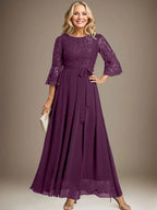 A-line Scoop Ankle-Length Lace Chiffon Mother of the Bride Dress With Bow