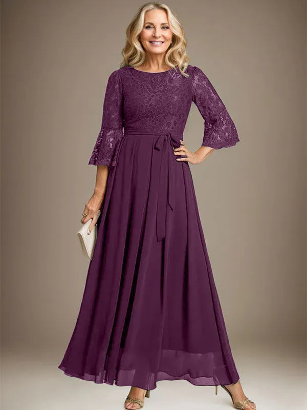 A-line Scoop Ankle-Length Lace Chiffon Mother of the Bride Dress With Bow