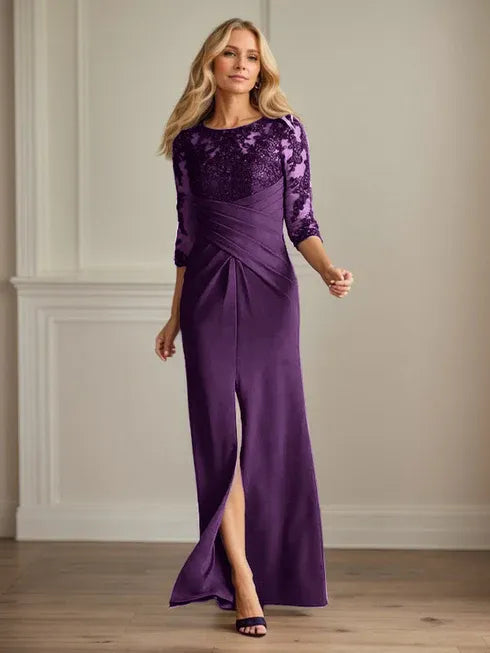 Pflaumenfarbenes eng anliegendes Spitzen Stretch Krepp Kleid für die Brautmutter