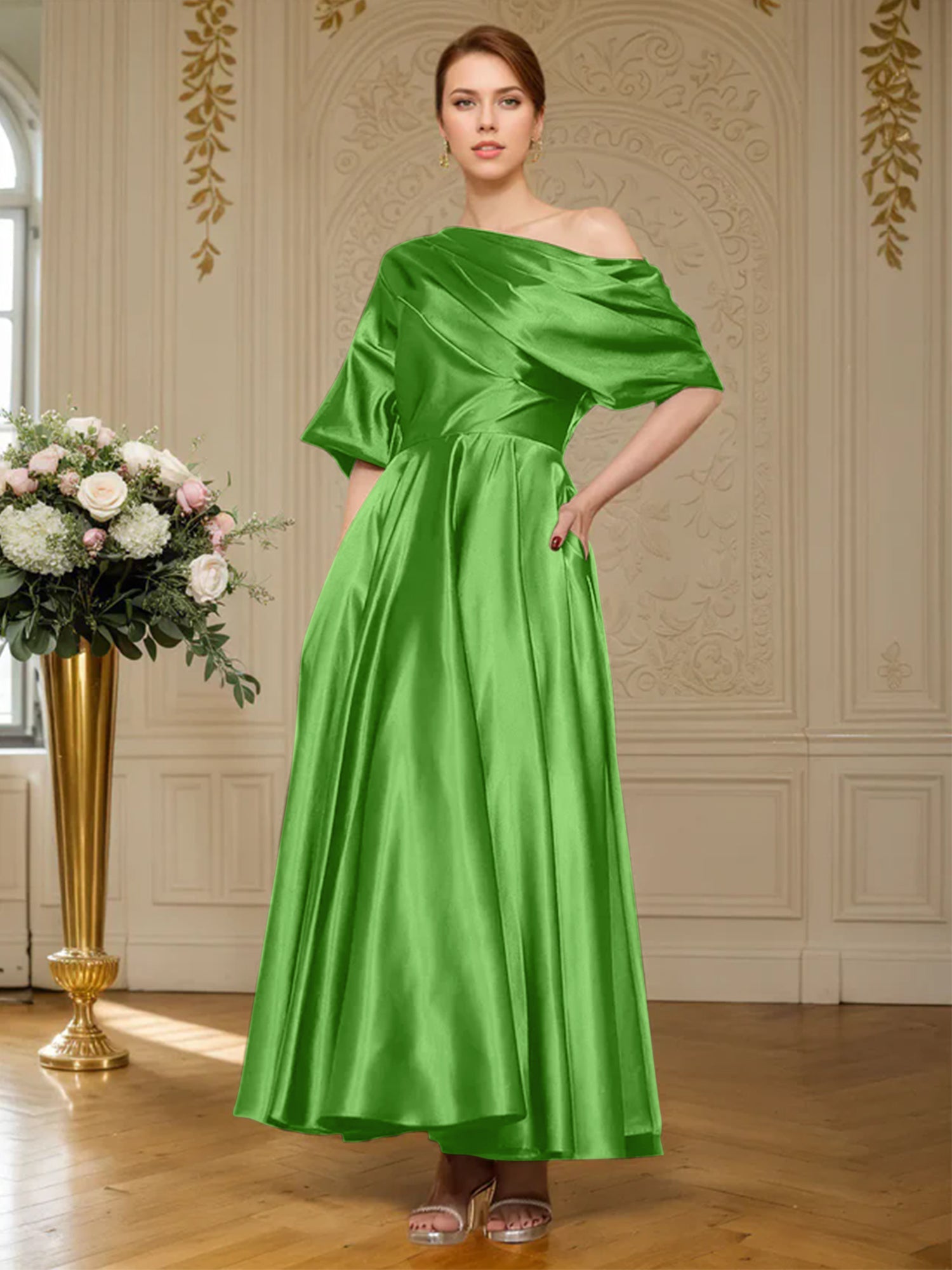 A-Linien Kurzarm plissiertes knöchellanges seidenähnliches Satin Kleid für die Brautmutter