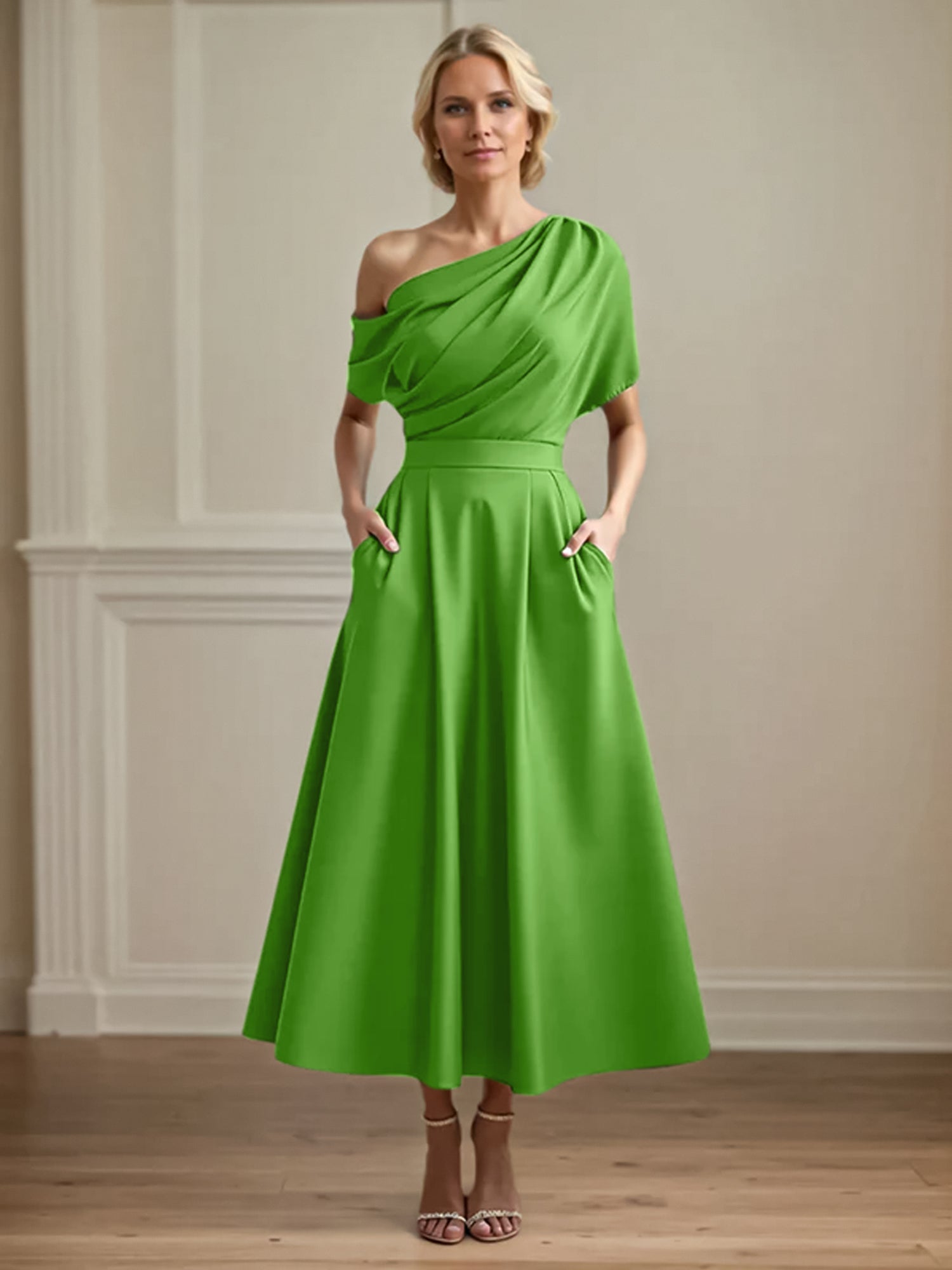 A Line Satin One Shoulder Pleated Ankle Length Mother of the Bride Dress