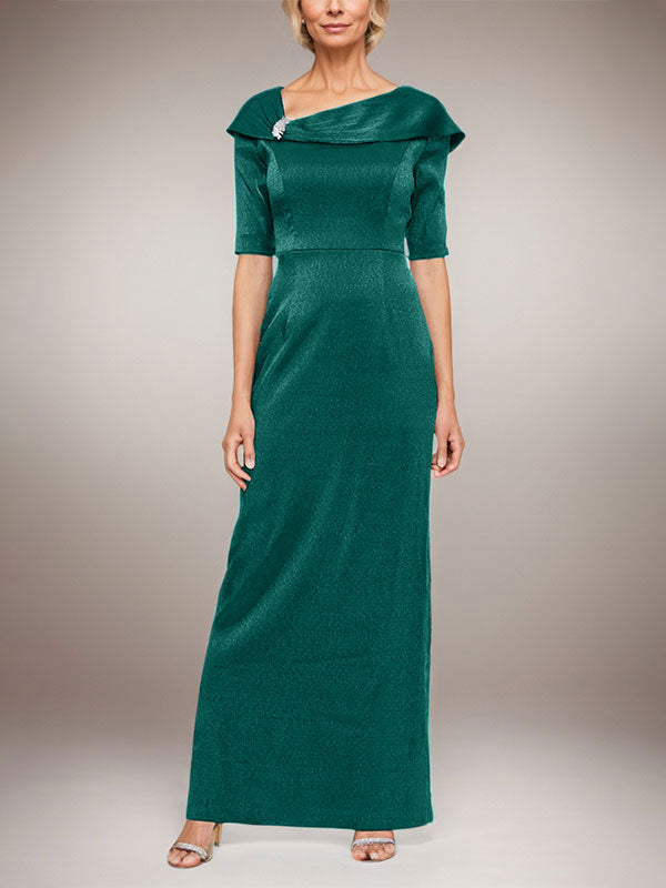 Langes schimmerndes Säulenkleid mit umgeschlagenem Ärmelbündchen, L-Ausschnitt und Ellbogenärmeln