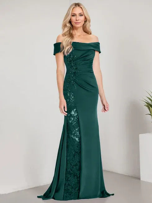 A-Linien Schulterfreies bodenlanges Brautmutterkleid mit Applikationen und Perlenbesatz Meerjungfrauenkleid mit hohem Schlitz