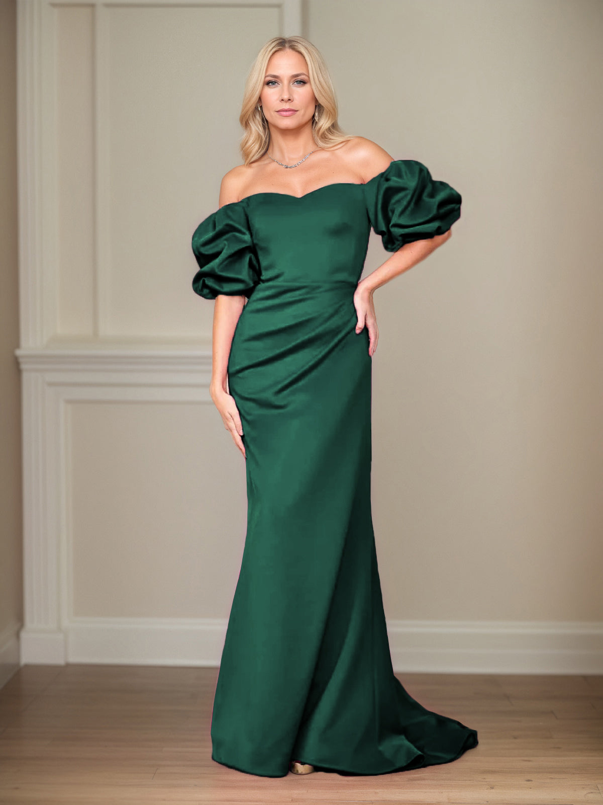 Satin Etuikleid/Säulenkleid mit schulterfreiem Puffärmel, bodenlang, Mutter der Braut Kleid
