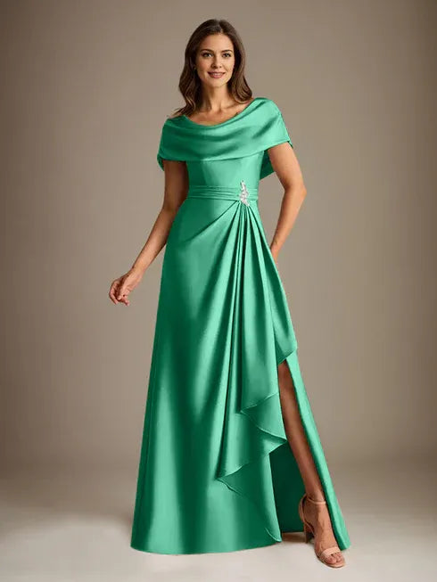 A-Linien-Kleid mit Rundhalsausschnitt, bodenlang, aus Stretch-Satin, Brautmutterkleid mit fallenden Rüschen