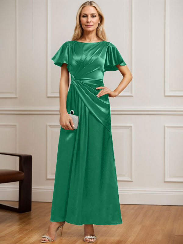 A-Linien Rundhals Knöchellanges Stretch Satin Mutter der Braut Kleid mit Plissierten Perlen