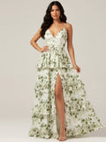 Green Floral Tiered Ruffle Maxi Dress with High Slit