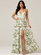 Green Floral Tiered Ruffle Maxi Dress with High Slit