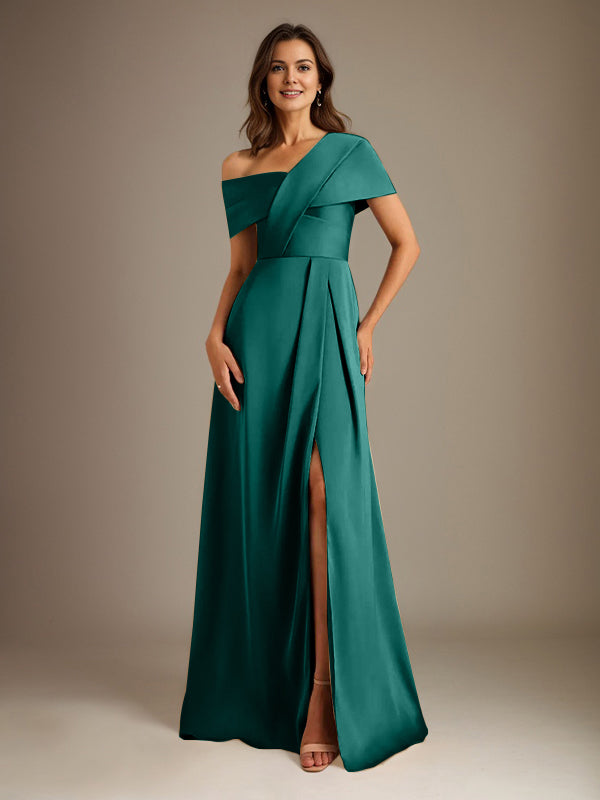 A-Linien asymmetrischer Ausschnitt bodenlanges Satin-Brautkleid für die Brautmutter mit Falten