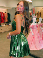 Green A-Line Halter Neck Short Metallic Homecoming Dress with Pleating