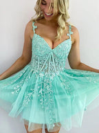 Green A-Line Zipper Back Homecoming Dress With Appliques