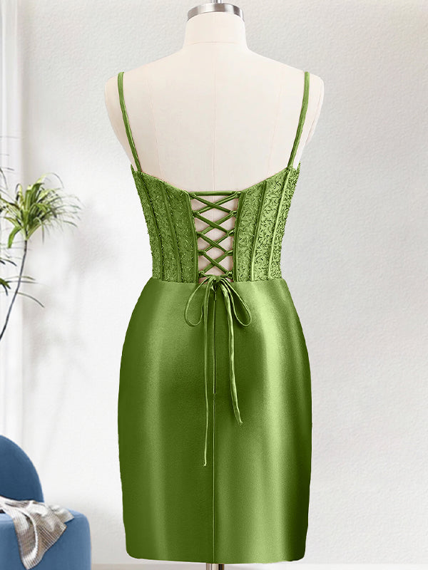 Green Bodycon Spaghetti Straps Corset Satin Red Homecoming Dress with Slit