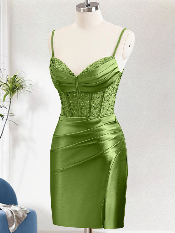 Green Bodycon Spaghetti Straps Corset Satin Red Homecoming Dress with Slit