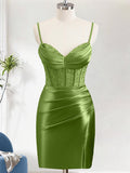 Green Bodycon Spaghetti Straps Corset Satin Red Homecoming Dress with Slit