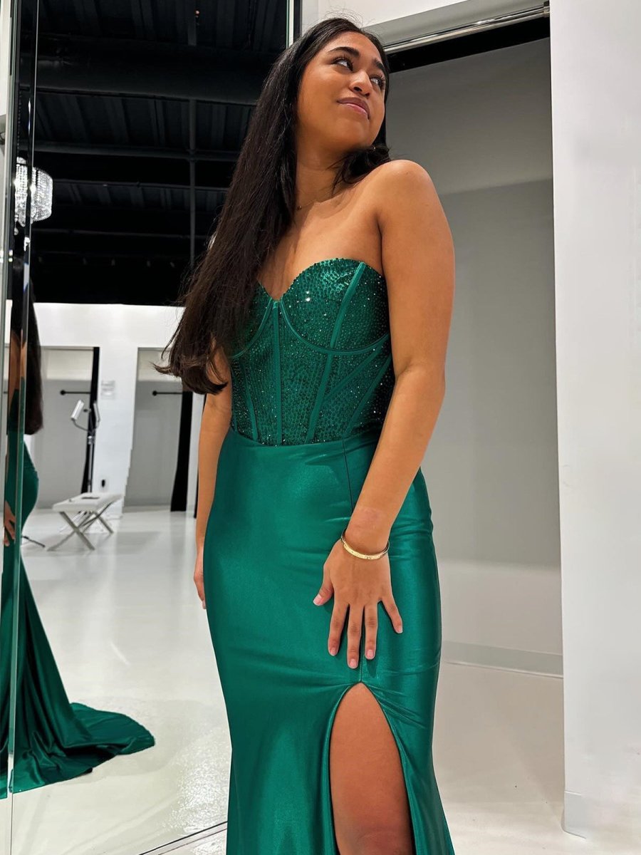 Blaues Meerjungfrau-Kleid mit Spaghettiträgern Perlen Sweetheart-Ausschnitt langes Ballkleid mit Schlitz