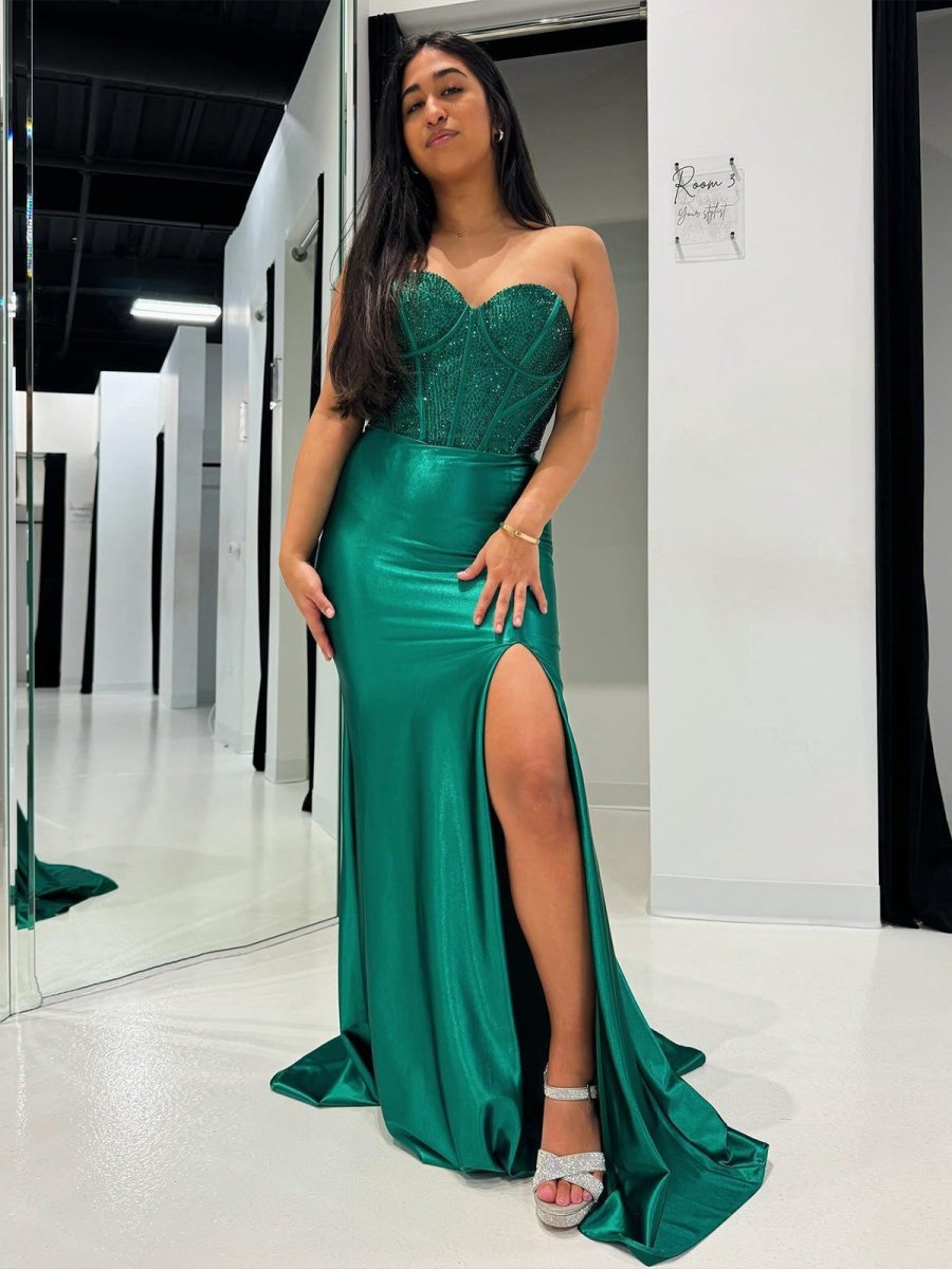 Blaues Meerjungfrau-Kleid mit Spaghettiträgern Perlen Sweetheart-Ausschnitt langes Ballkleid mit Schlitz