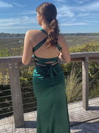 Ink Blue Mermaid V-Neck Criss-Cross Back Long Prom Dress