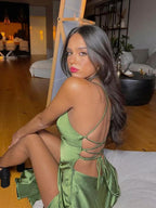 Vestido longo de festa verde sexy com alças finas de cetim macio