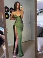 Vestido longo de festa verde sexy com alças finas de cetim macio