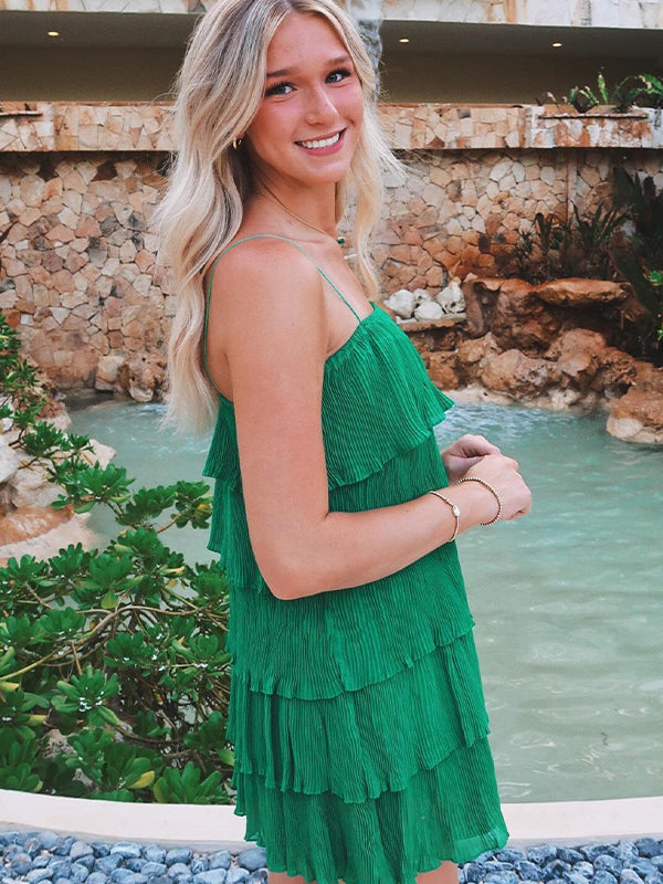 Green Spaghetti Strap Ruffle Tiered Pleated Homecoming Party Dress