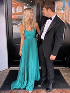 Green Spaghetti Straps Pleated A-Line Empire-Waist Formal Prom Dress