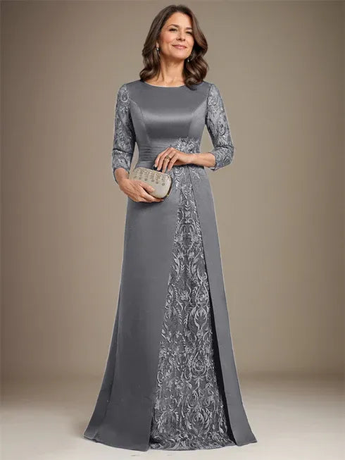Vestido de madre de la novia largo hasta el suelo con encaje, satén, línea A, escote redondo y aplicaciones